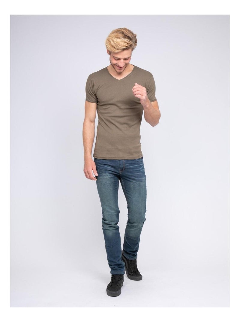 T-shirt col V pur coton organique WORD Kaki - Kiabi