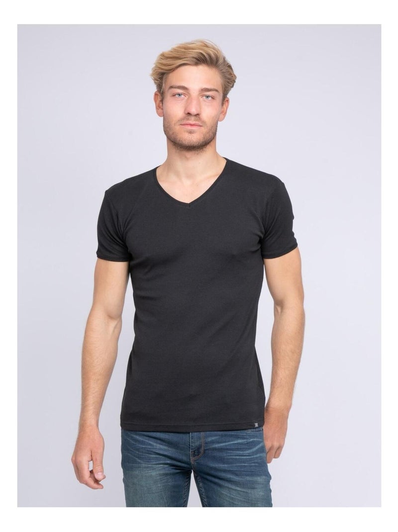 T-shirt col V pur coton organique WORD Noir - Kiabi