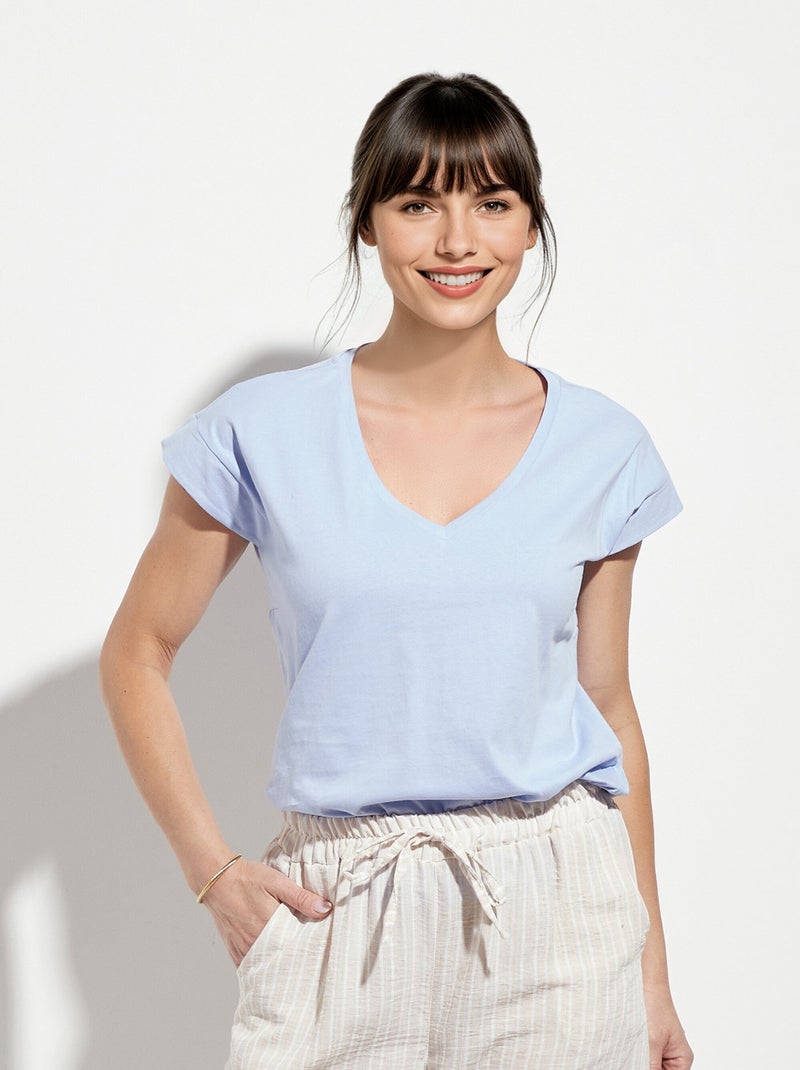 T-shirt col V sans manches maille coton Bleu - Kiabi