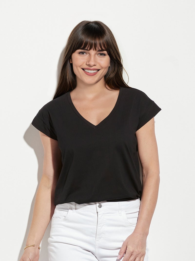 T-shirt col V sans manches maille coton Noir - Kiabi