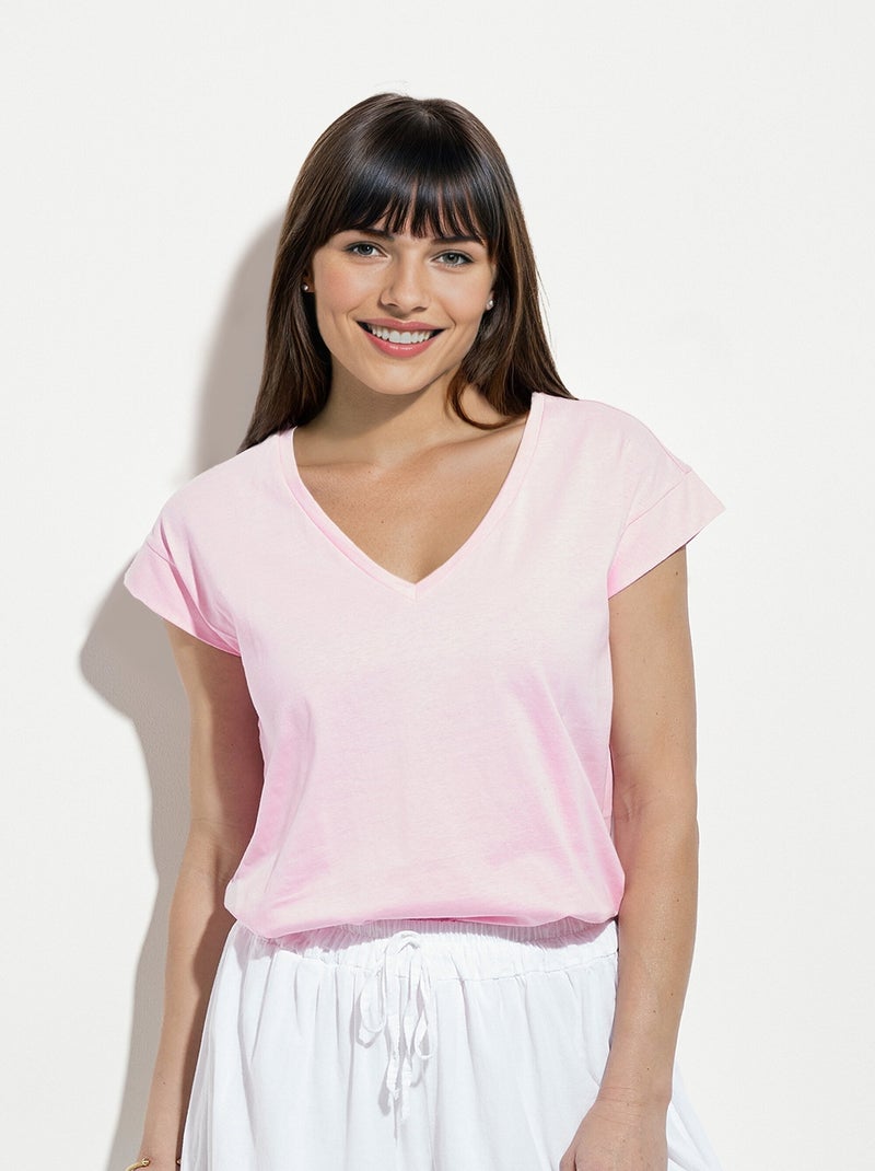 T-shirt col V sans manches maille coton Rose - Kiabi
