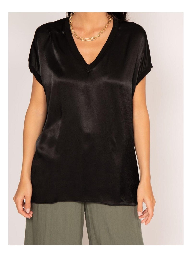 T-shirt col V satin FENTA Noir - Kiabi