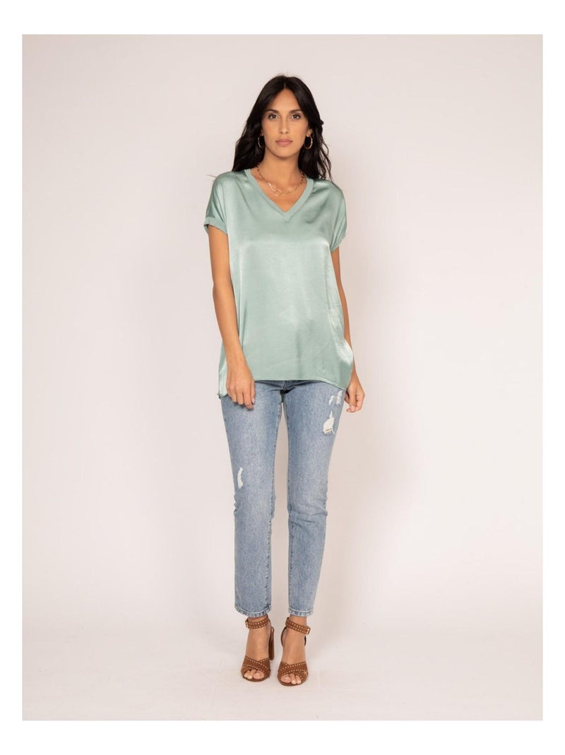 T-shirt col V satin FENTA Vert - Kiabi