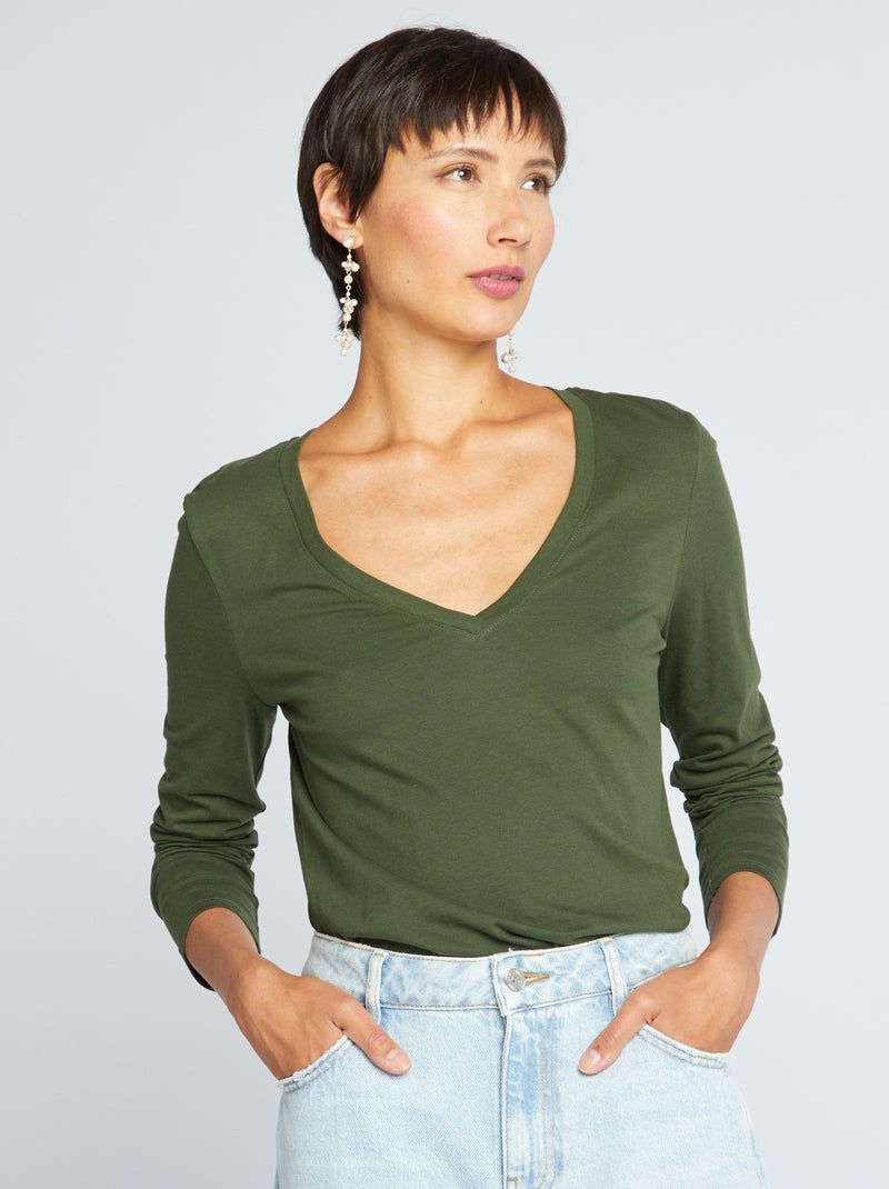 T-shirt col V Vert - Kiabi