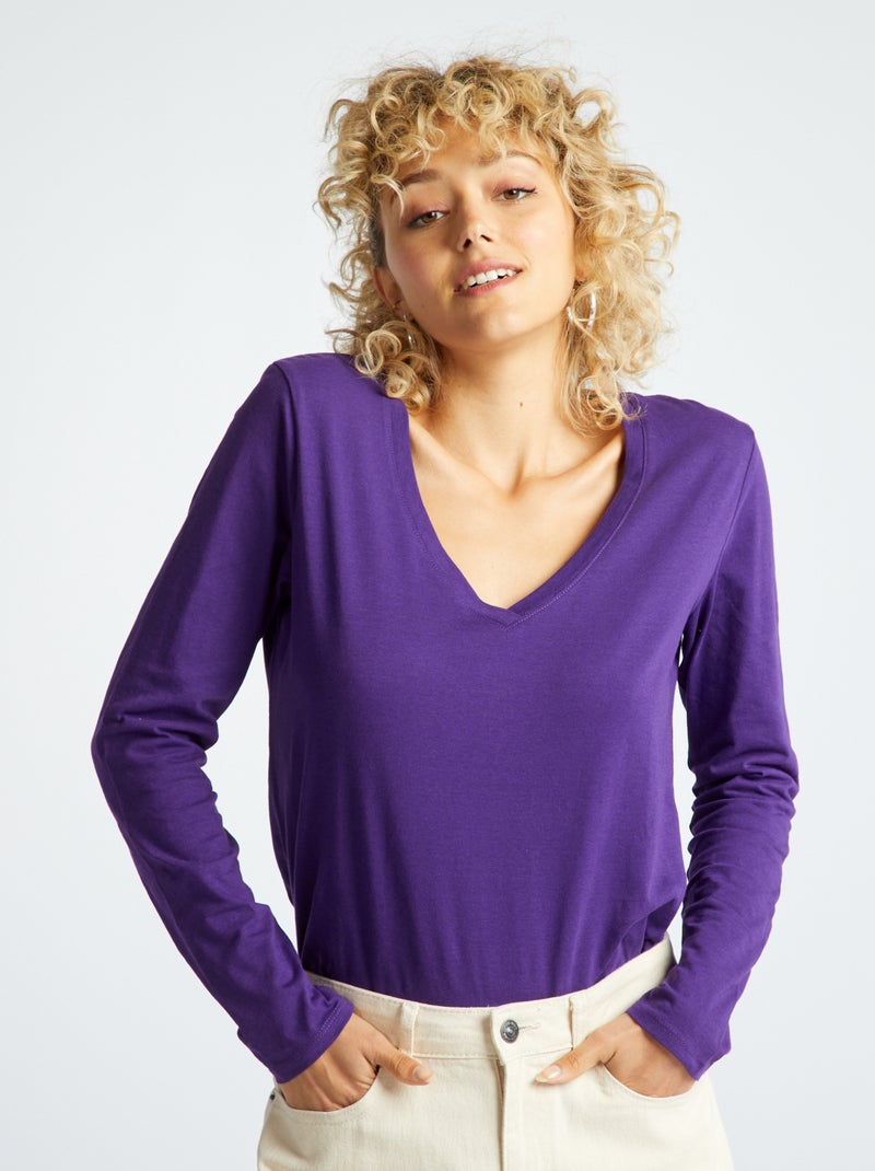 T-shirt col V Violet - Kiabi