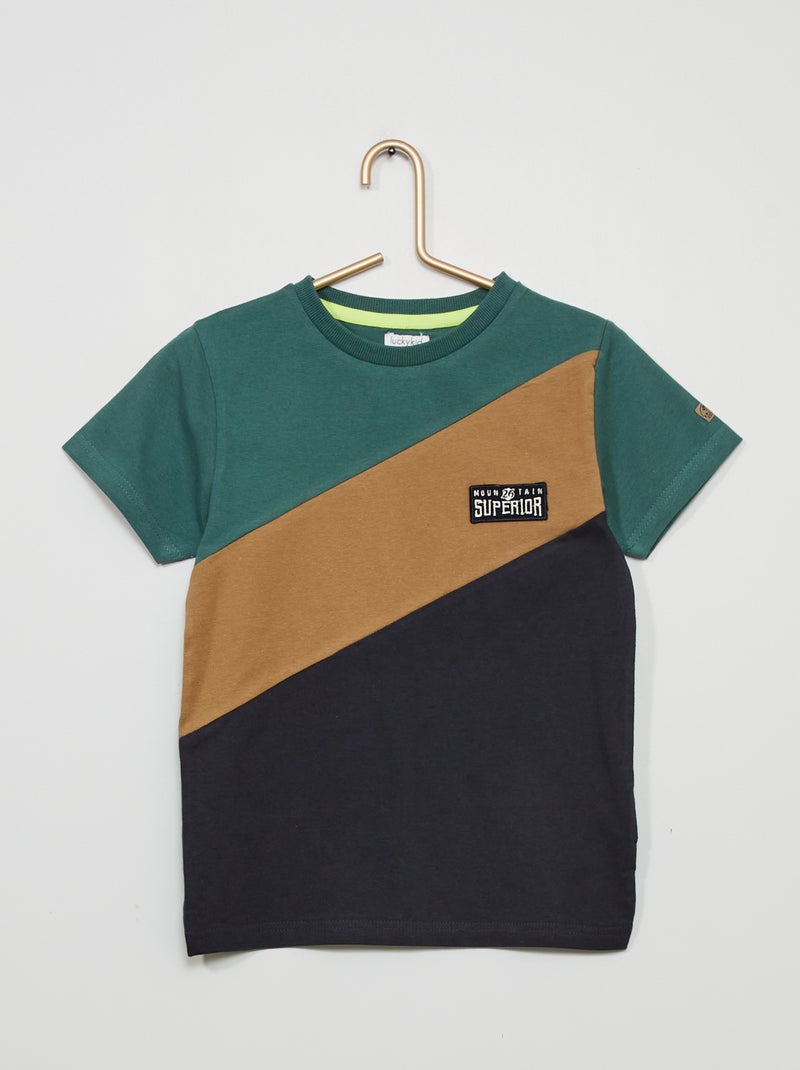 T-shirt color-block en jersey Bleu marine/vert/marron - Kiabi