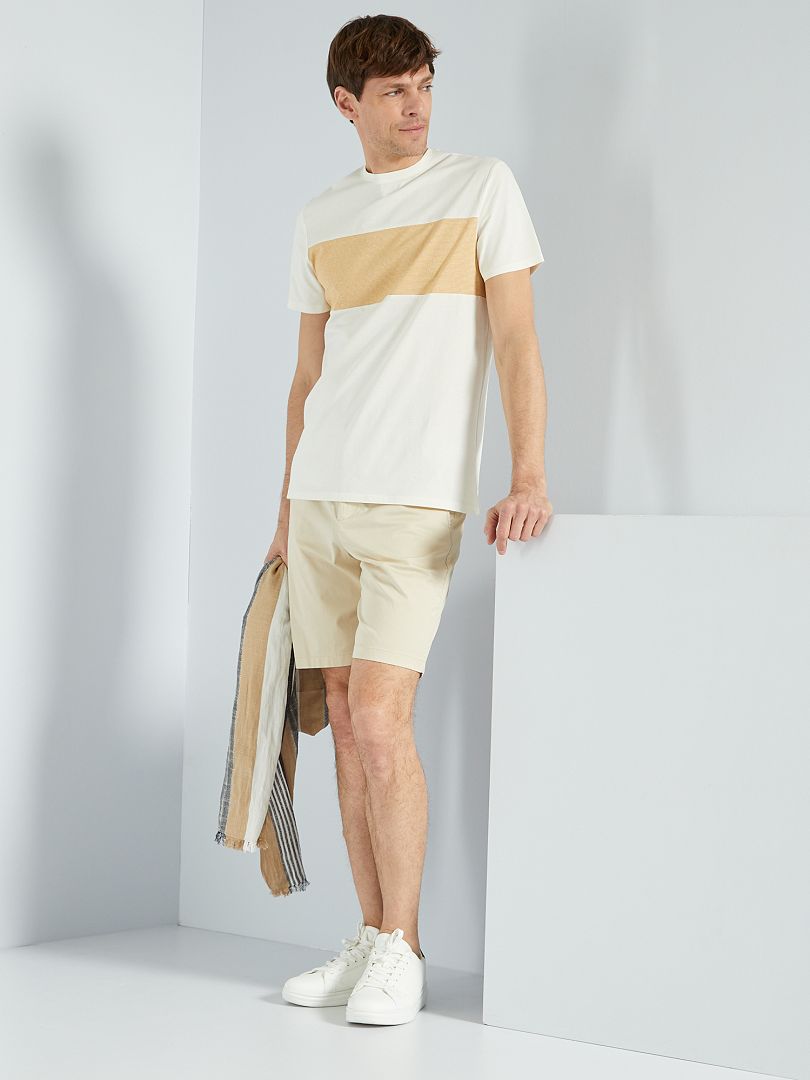 T-shirt color-block micro rayures beige/moutarde - Kiabi