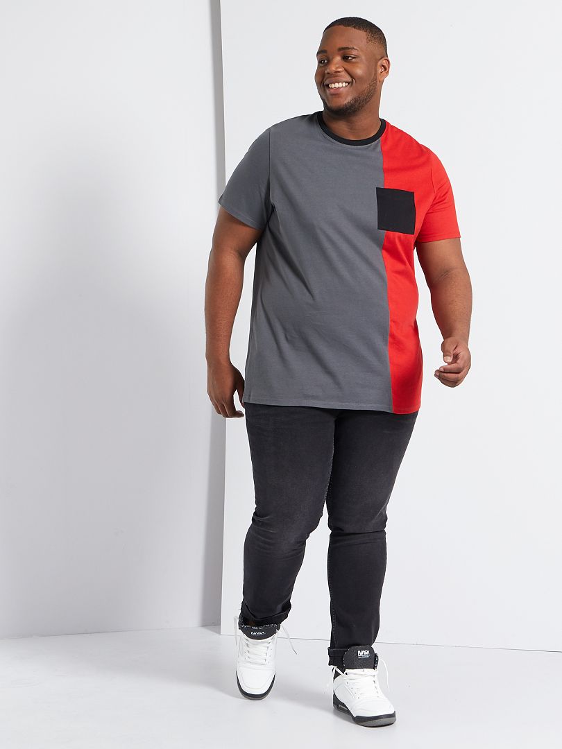T-shirt color block poche poitrine gris/rouge - Kiabi