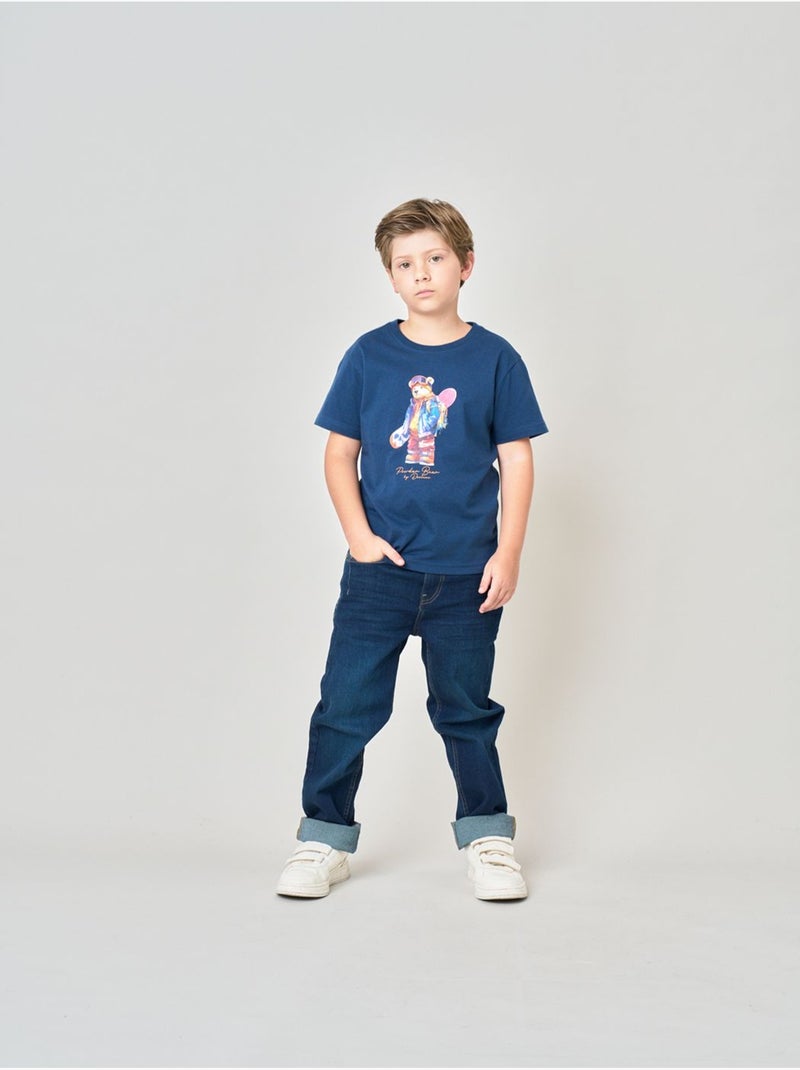 T-shirt confort garçon en 100% coton imprimé ourson snowboard 'deeluxe' Bleu marine - Kiabi