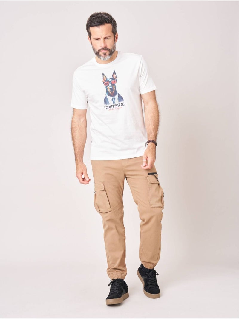 T-shirt confort homme en 100% coton imprimé chien lunettes 'deeluxe' Ecru - Kiabi