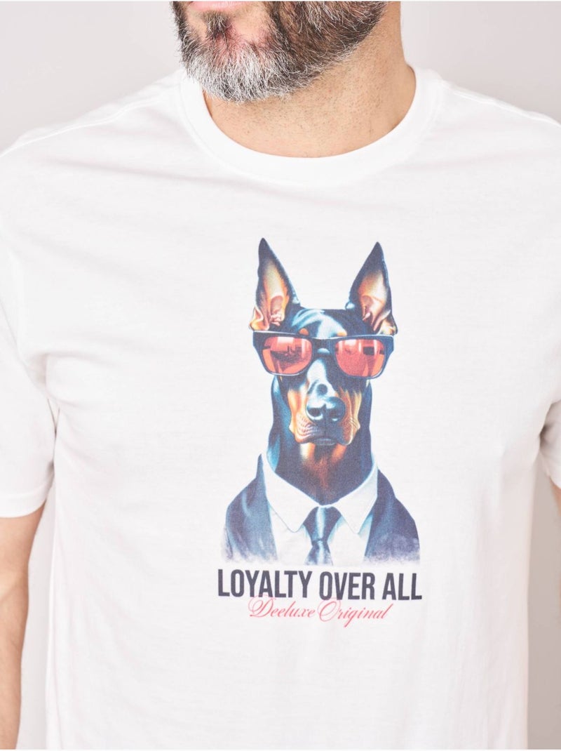 T-shirt confort homme en 100% coton imprimé chien lunettes 'deeluxe' Ecru - Kiabi
