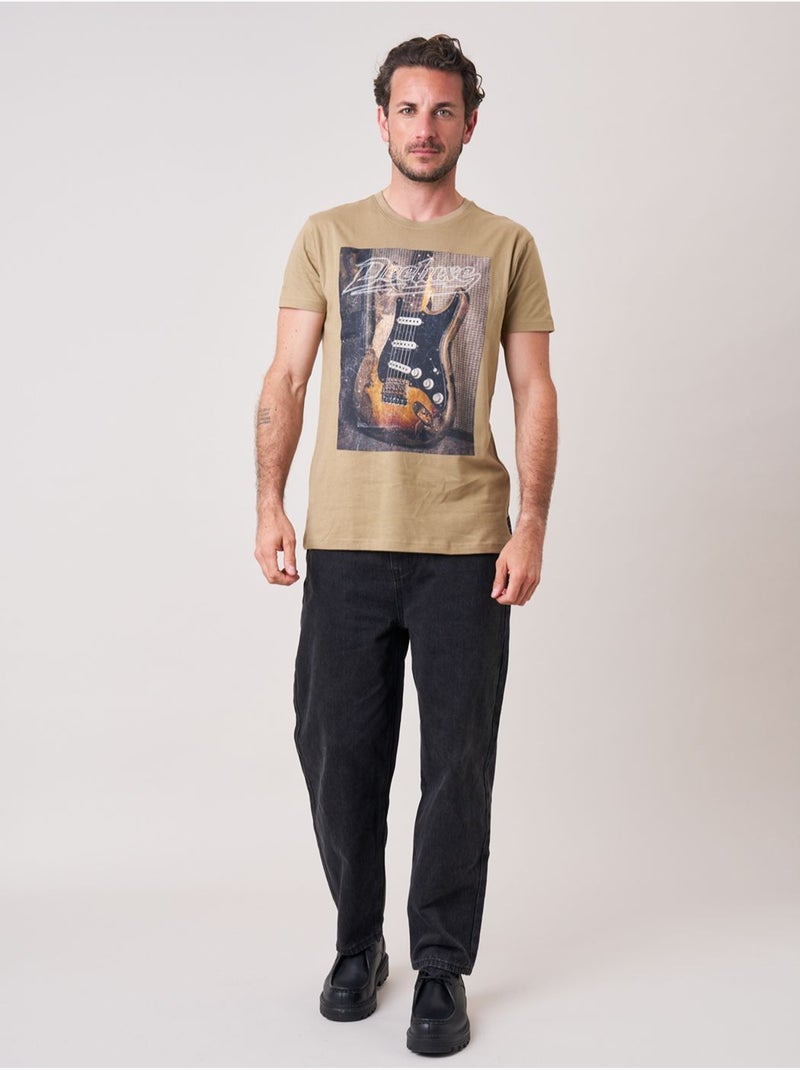 T-shirt confort homme en 100% coton imprimé guitare 'deeluxe' Beige foncé - Kiabi