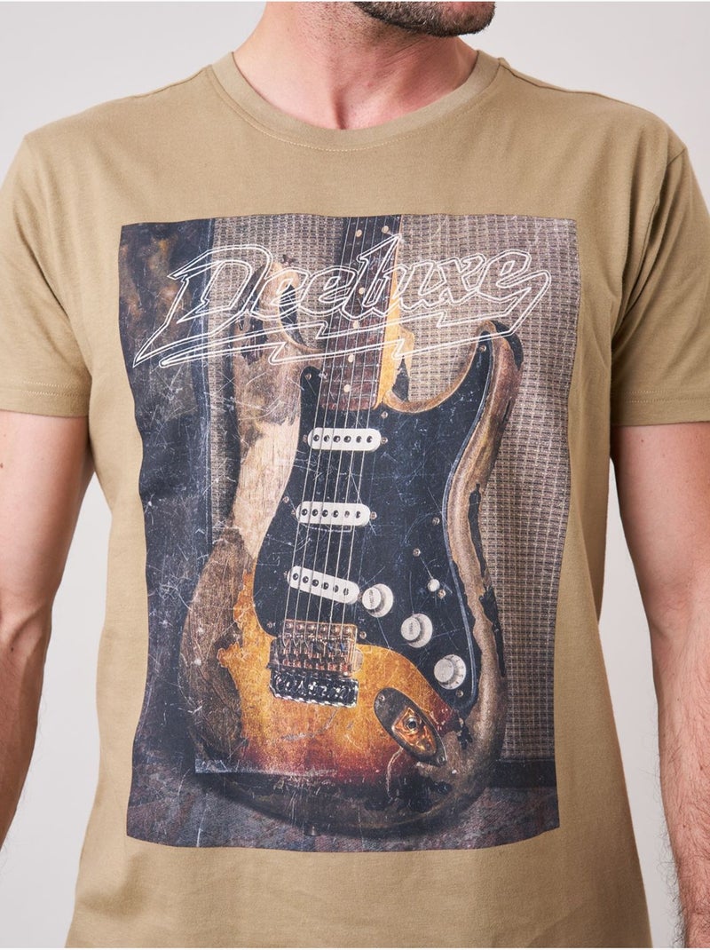 T-shirt confort homme en 100% coton imprimé guitare 'deeluxe' Beige foncé - Kiabi