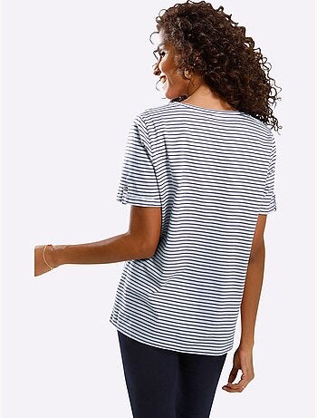 T-shirt confortable à rayures avec col rond et petit v - taille standard - moda vilona