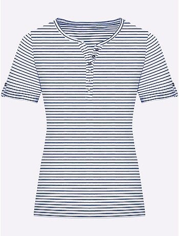 T-shirt confortable à rayures avec col rond et petit v - taille standard - moda vilona
