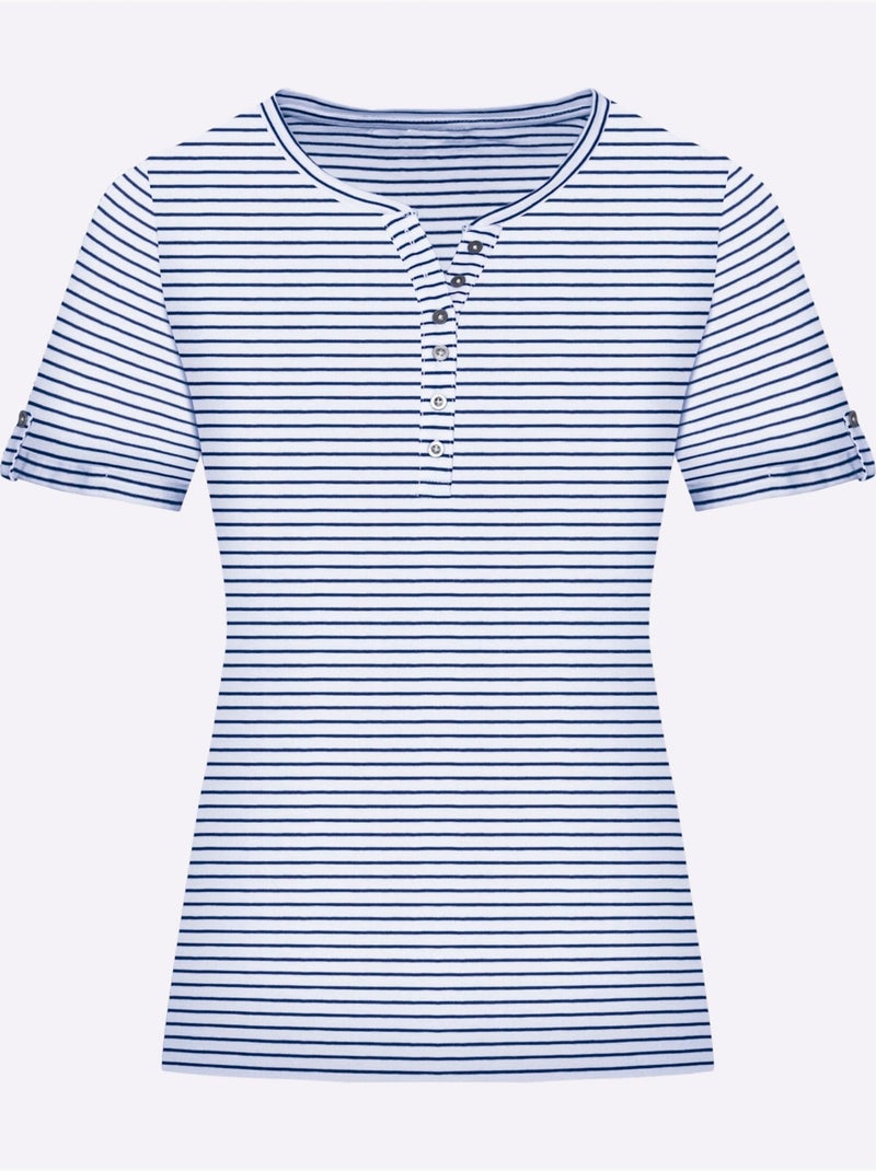 T-shirt confortable à rayures avec col rond et petit V - Taille standard - Moda Vilona Bleu marine - Kiabi