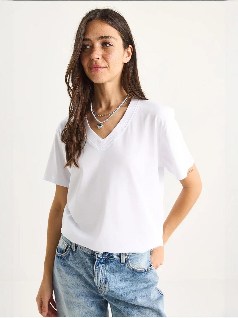 T-shirt confortable en coton biologique à col en v profond lucci Blanc - Kiabi