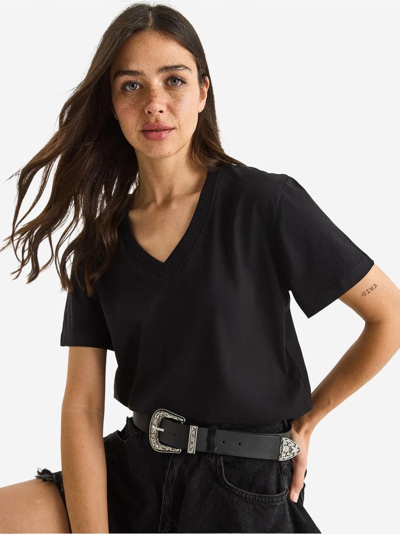 T-shirt confortable en coton biologique à col en v profond lucci Noir - Kiabi