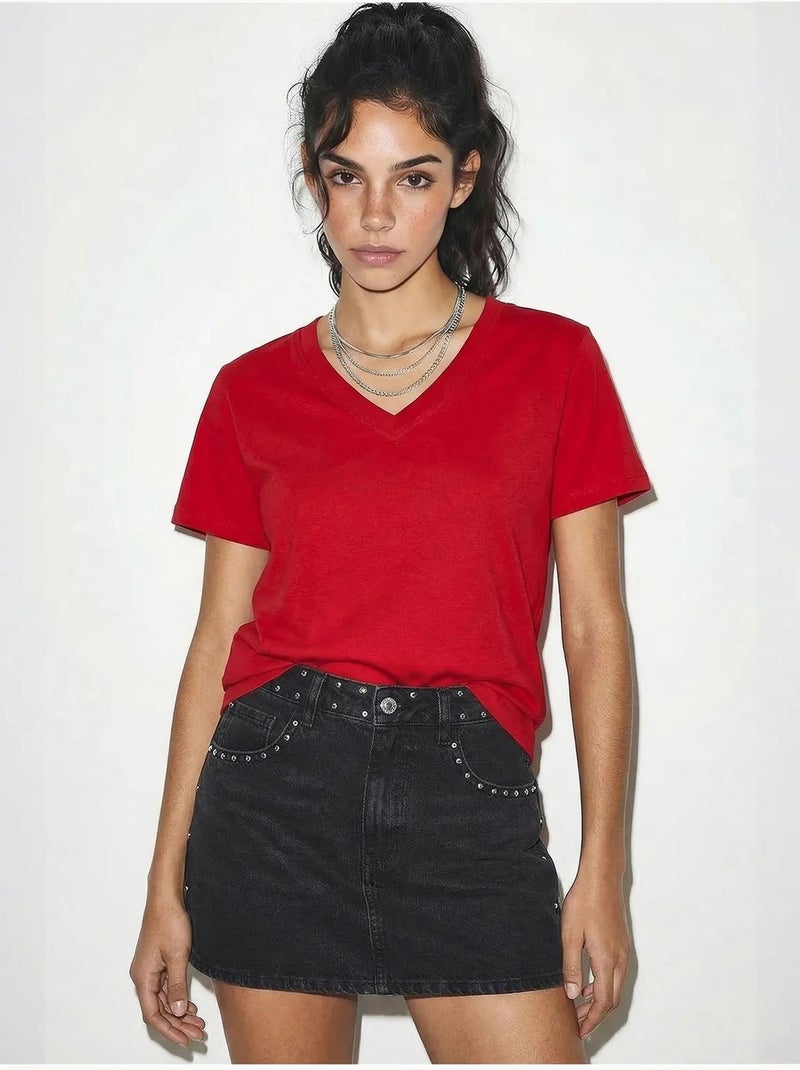 T-shirt confortable en coton biologique à col en v profond lucci Rouge - Kiabi