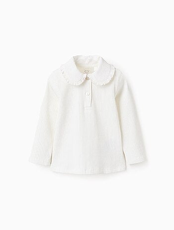 T-Shirt Côtelé à Col Claudine Et Boutons