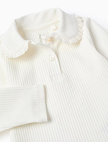 T-Shirt Côtelé à Col Claudine Et Boutons