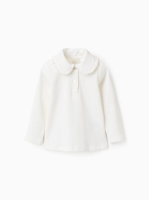 T-Shirt Côtelé à Col Claudine Et Boutons - Kiabi