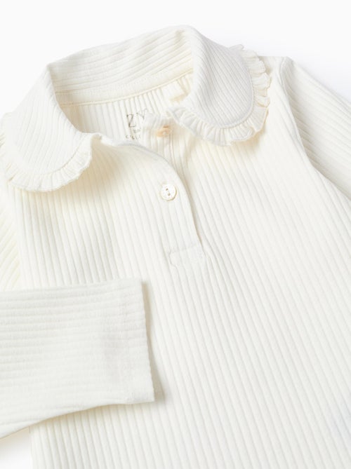 T-Shirt Côtelé à Col Claudine Et Boutons - Kiabi