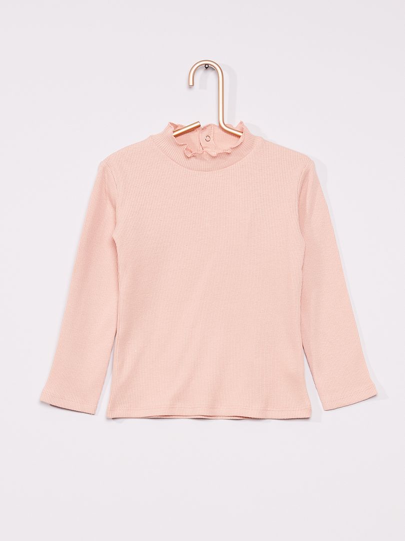 T-shirt côtelé à col froncé rose - Kiabi
