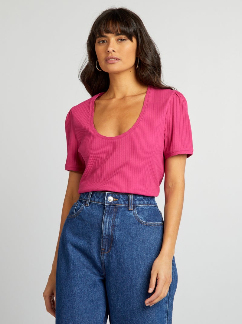 T-shirt côtelé à col plongeant Fuschia - Kiabi