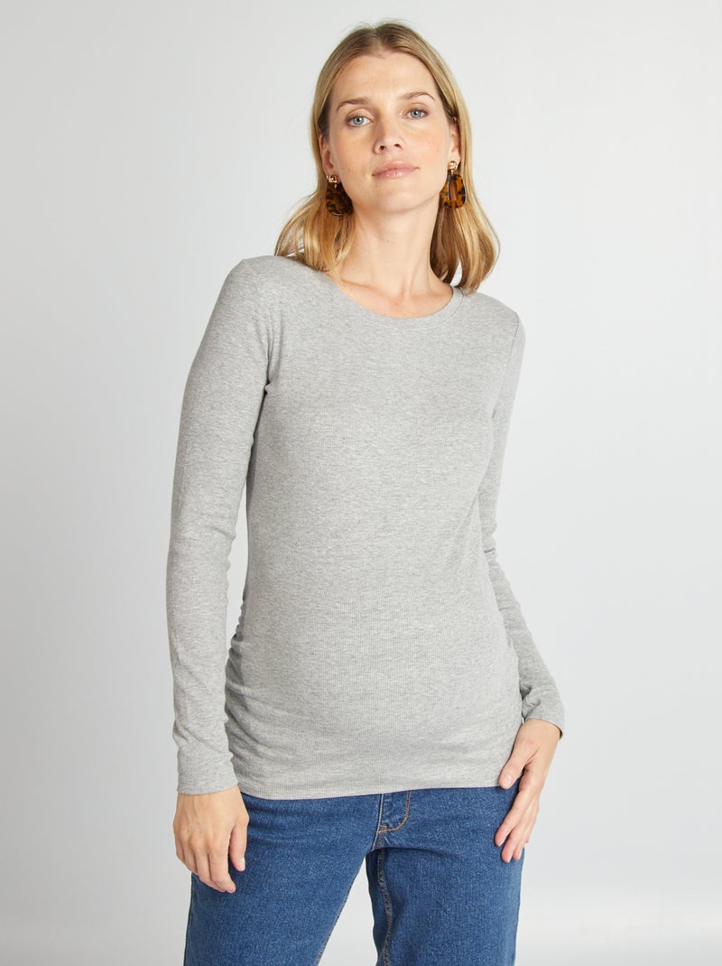 T-shirt côtelé à col rond Gris - Kiabi