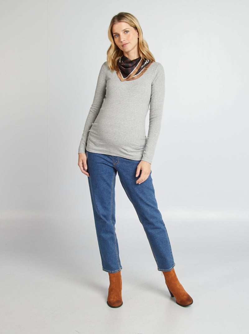 T-shirt côtelé à col rond Gris - Kiabi