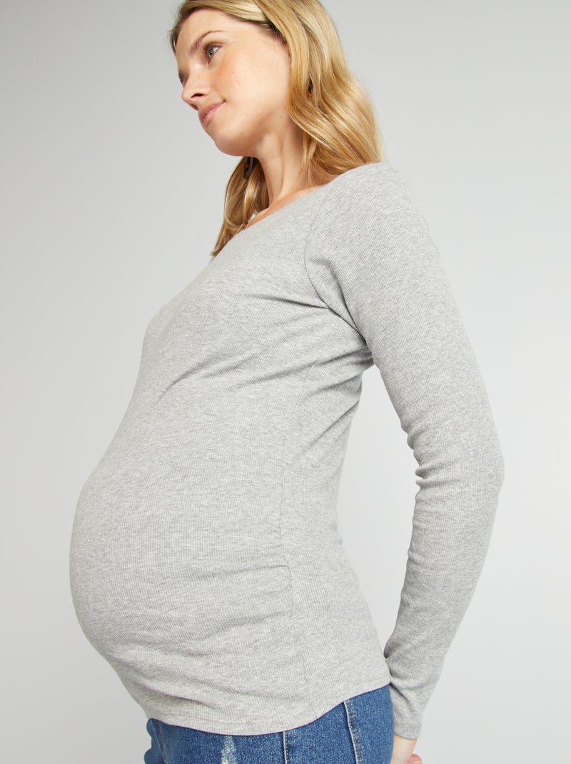 T-shirt côtelé à col rond Gris - Kiabi