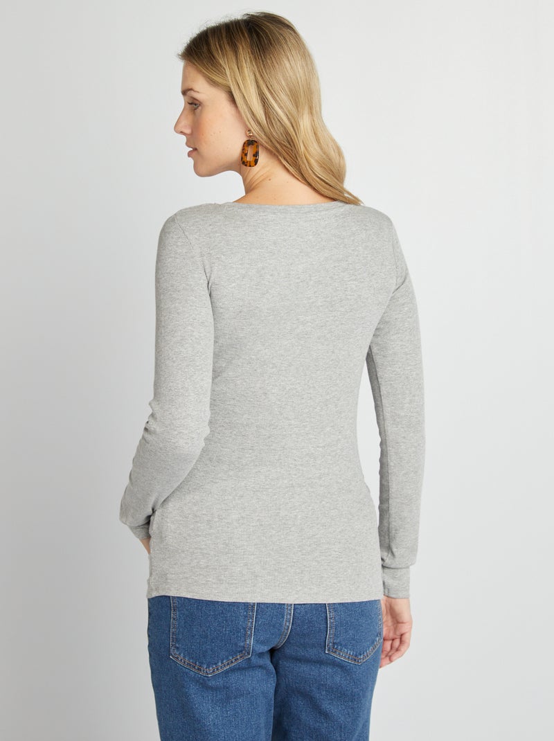 T-shirt côtelé à col rond Gris - Kiabi