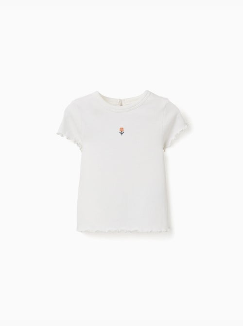 T-shirt côtelé à fleur brodée - Kiabi