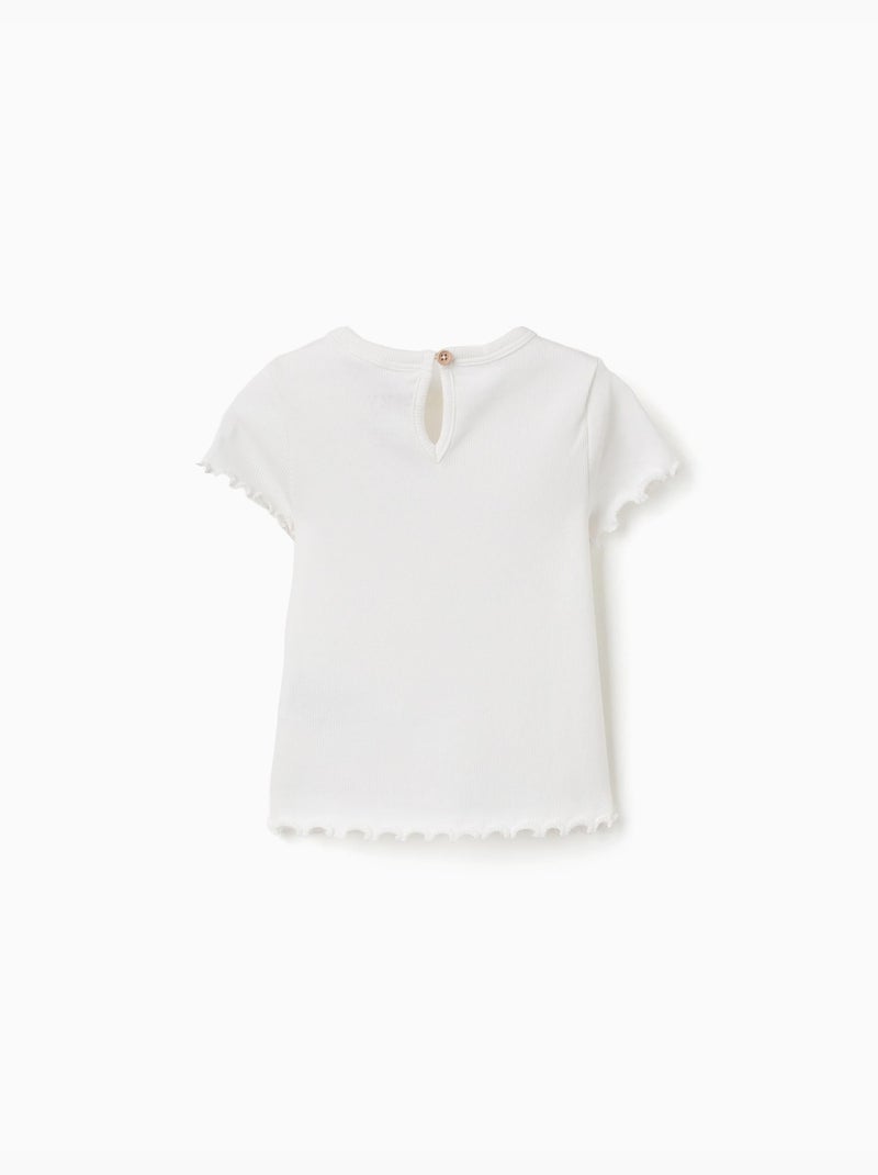 T-shirt côtelé à fleur brodée Beige clair - Kiabi