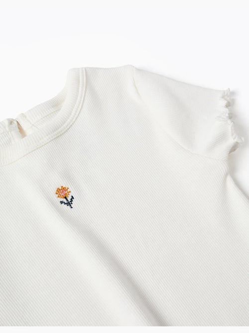 T-shirt côtelé à fleur brodée - Kiabi