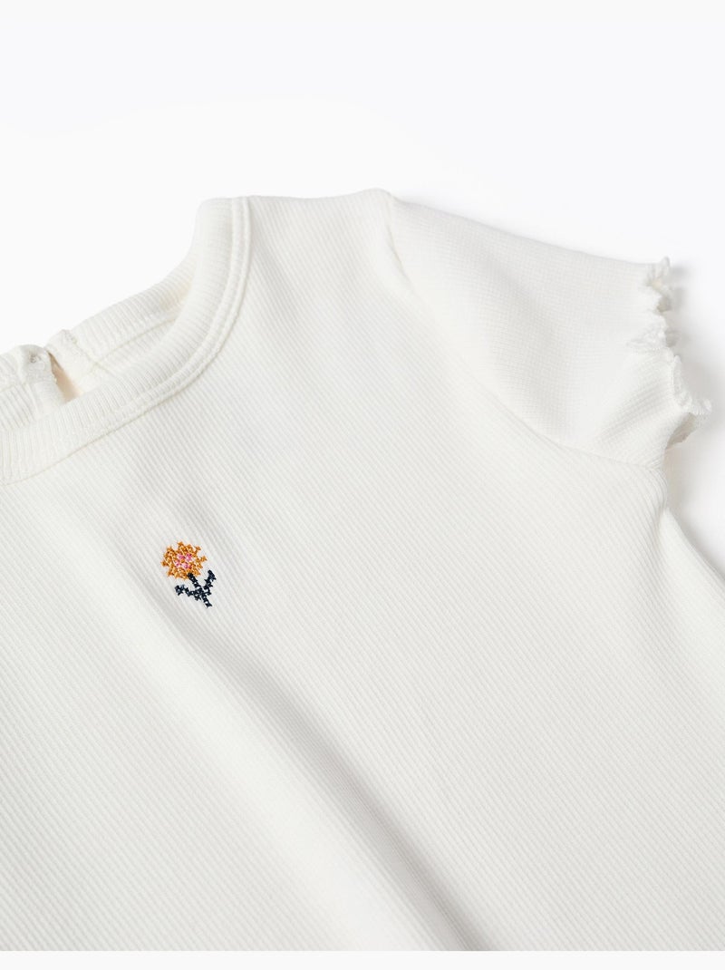 T-shirt côtelé à fleur brodée Beige clair - Kiabi