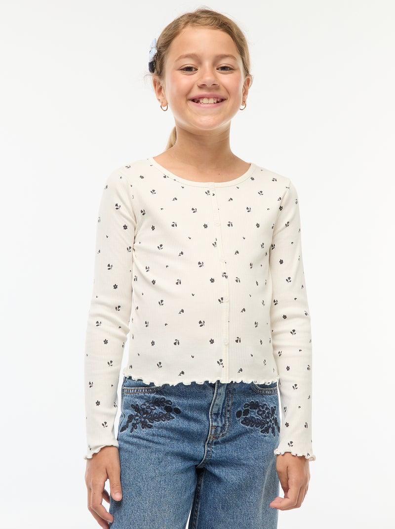 T-shirt côtelé à fleurs Blanc - Kiabi