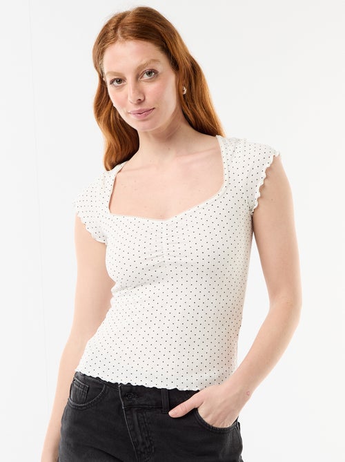 T-shirt côtelé à manches courtes avec manches volantées - Kiabi