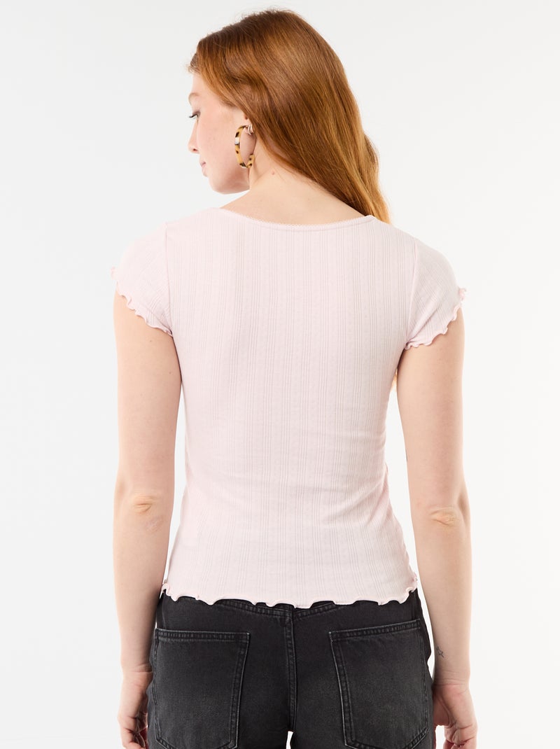 T-shirt côtelé à manches courtes avec manches volantées Rose - Kiabi