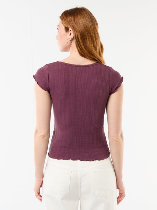 T-shirt côtelé à manches courtes avec manches volantées - Kiabi