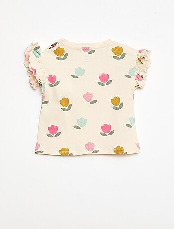 T-shirt côtelé à manches courtes volantées