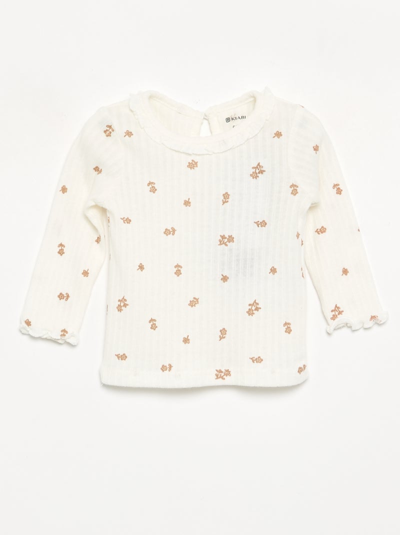 T-shirt côtelé à manches et col volanté Beige - Kiabi