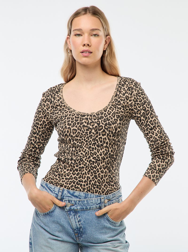 T-shirt côtelé à manches longues Beige - Kiabi