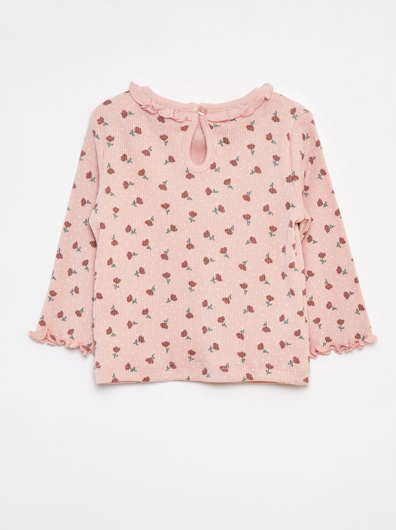 T-shirt côtelé à manches longues Rose - Kiabi