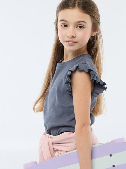 T-shirt côtelé à manches volantées - Kiabi