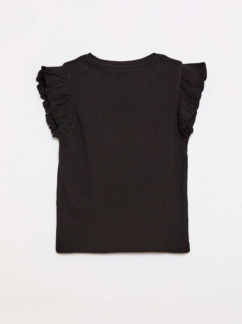 T-shirt côtelé à manches volantées Noir - Kiabi