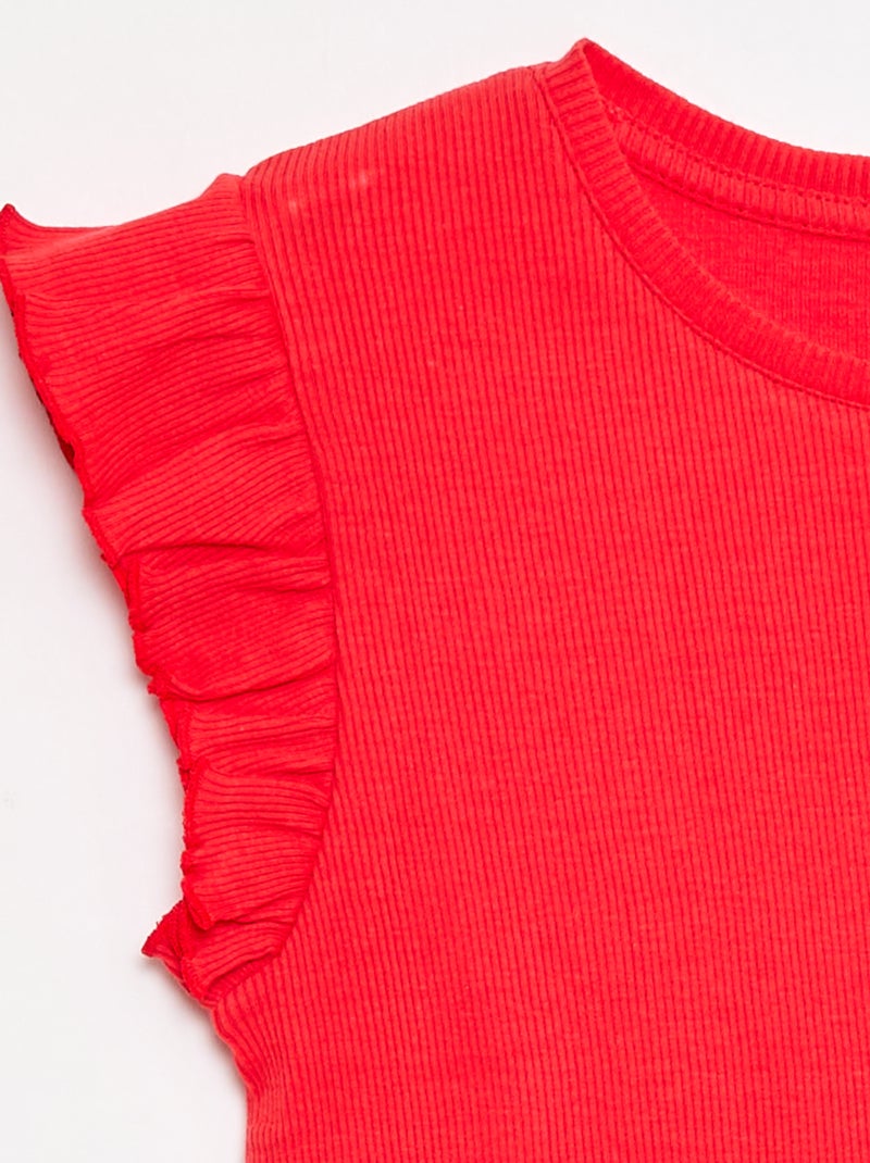 T-shirt côtelé à manches volantées Rouge - Kiabi