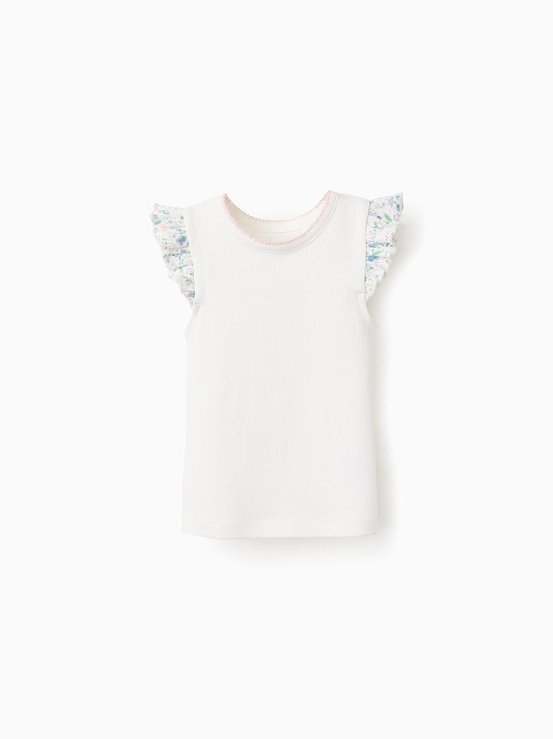 T-Shirt Côtelé à Volants Floraux Beige clair - Kiabi