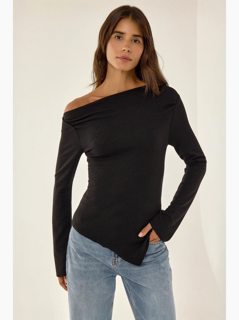 T-shirt côtelé asymétrique fente manches longues hiccup Noir - Kiabi